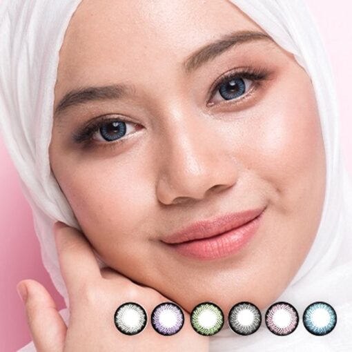 A woman with different Colorpia Amazing Series cosmetic coloured lenses